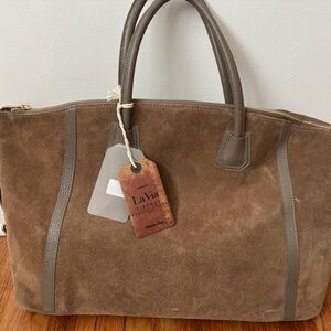 NWT La Via Firenze Suede Tote Bag Taupe Brown Tan